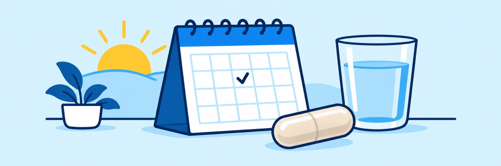 Daily calendar, capsule, and water