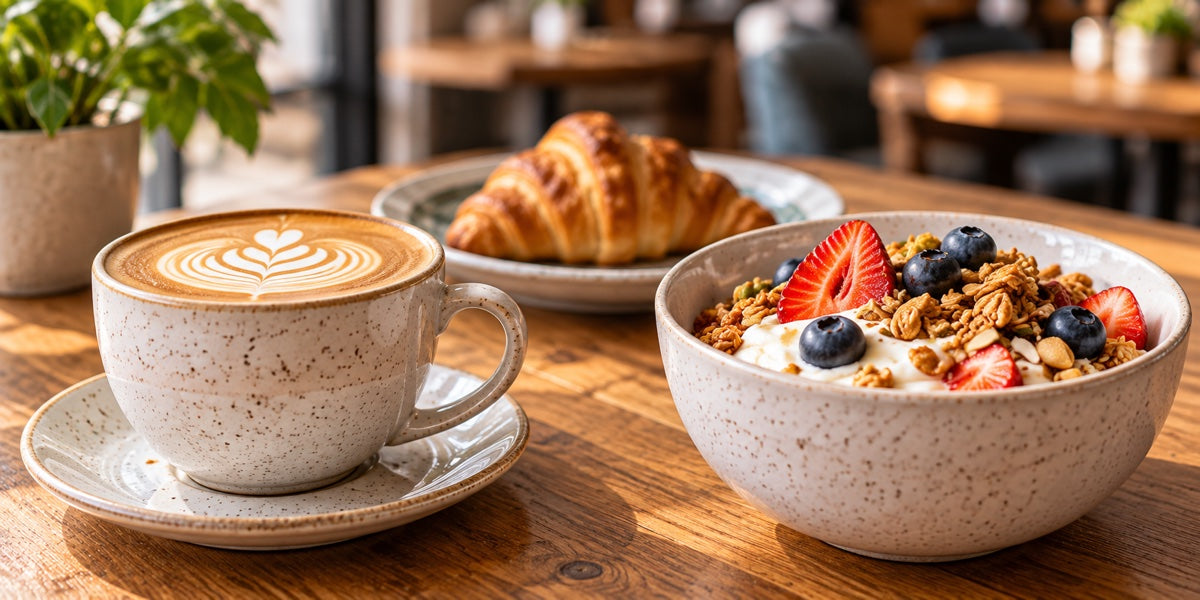 Latte and a bowl of fruit and yogurt