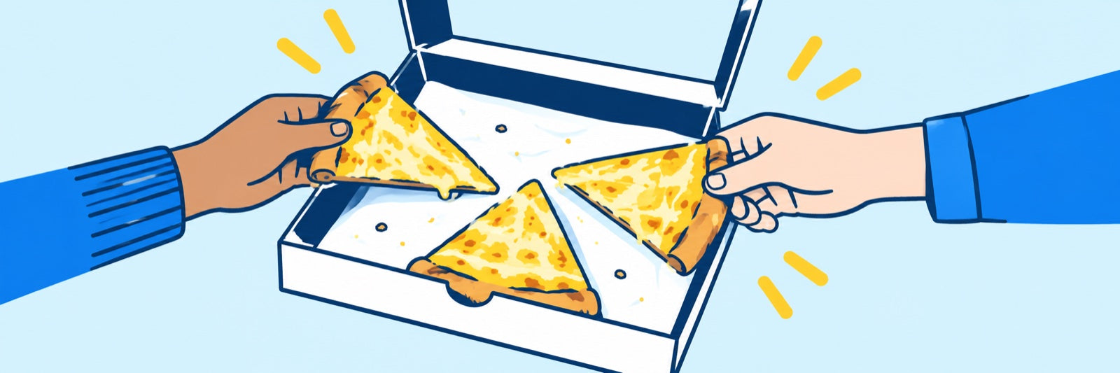 Two people sharing pizza