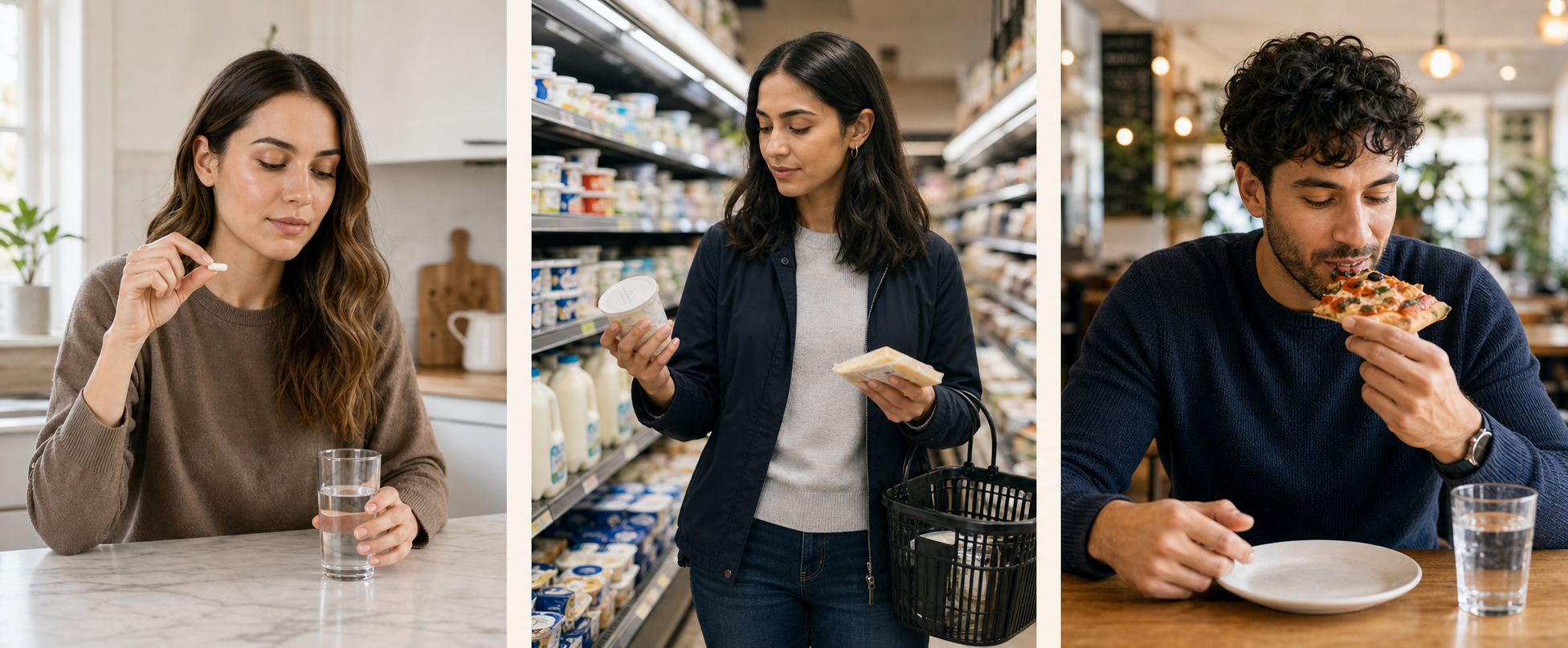 Three dairy routine starting points: a daily capsule, shopping the dairy aisle, and enjoying pizza