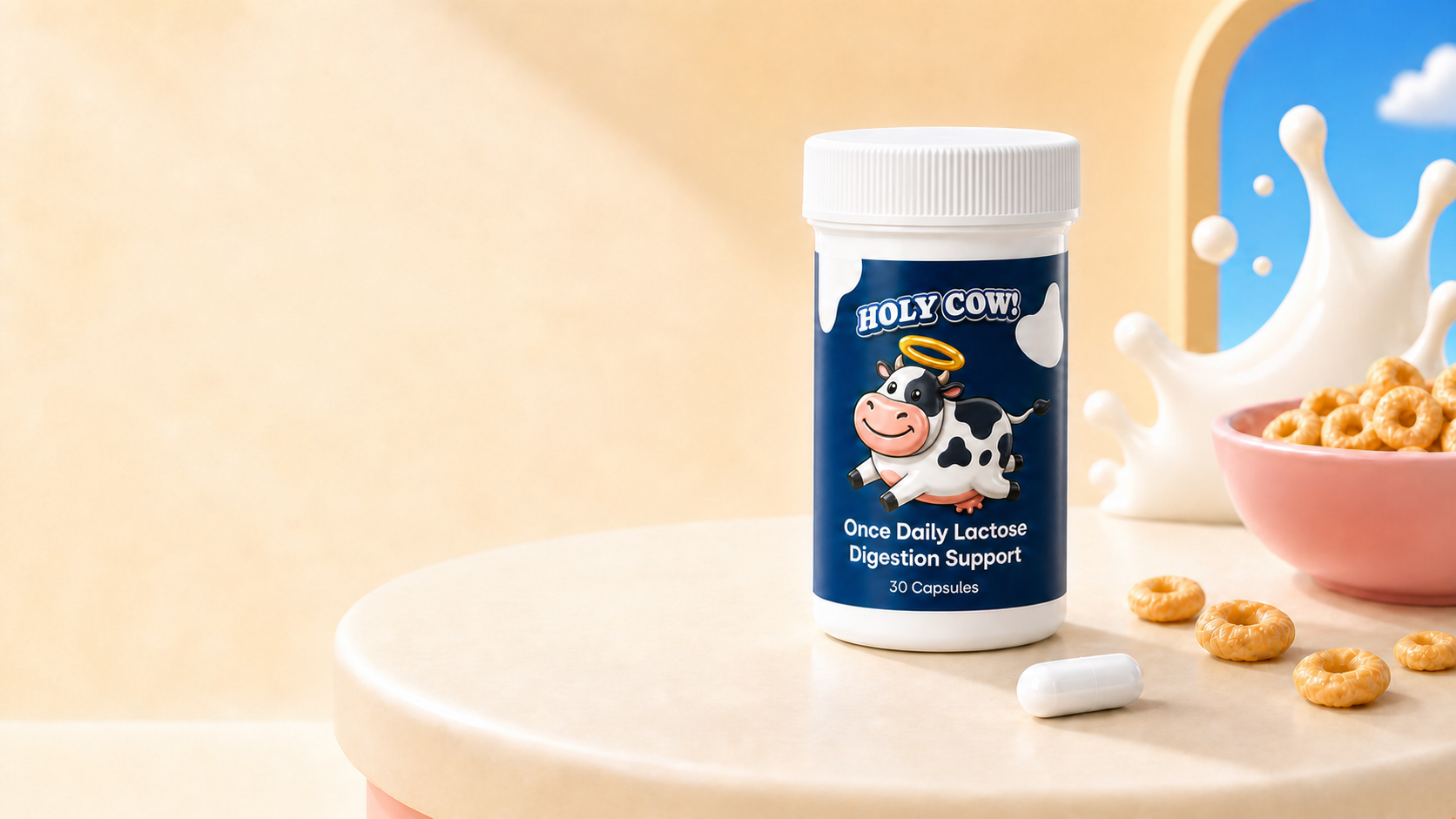 Holy Cow bottle with updated logo and mascot, cereal loops, and one capsule
