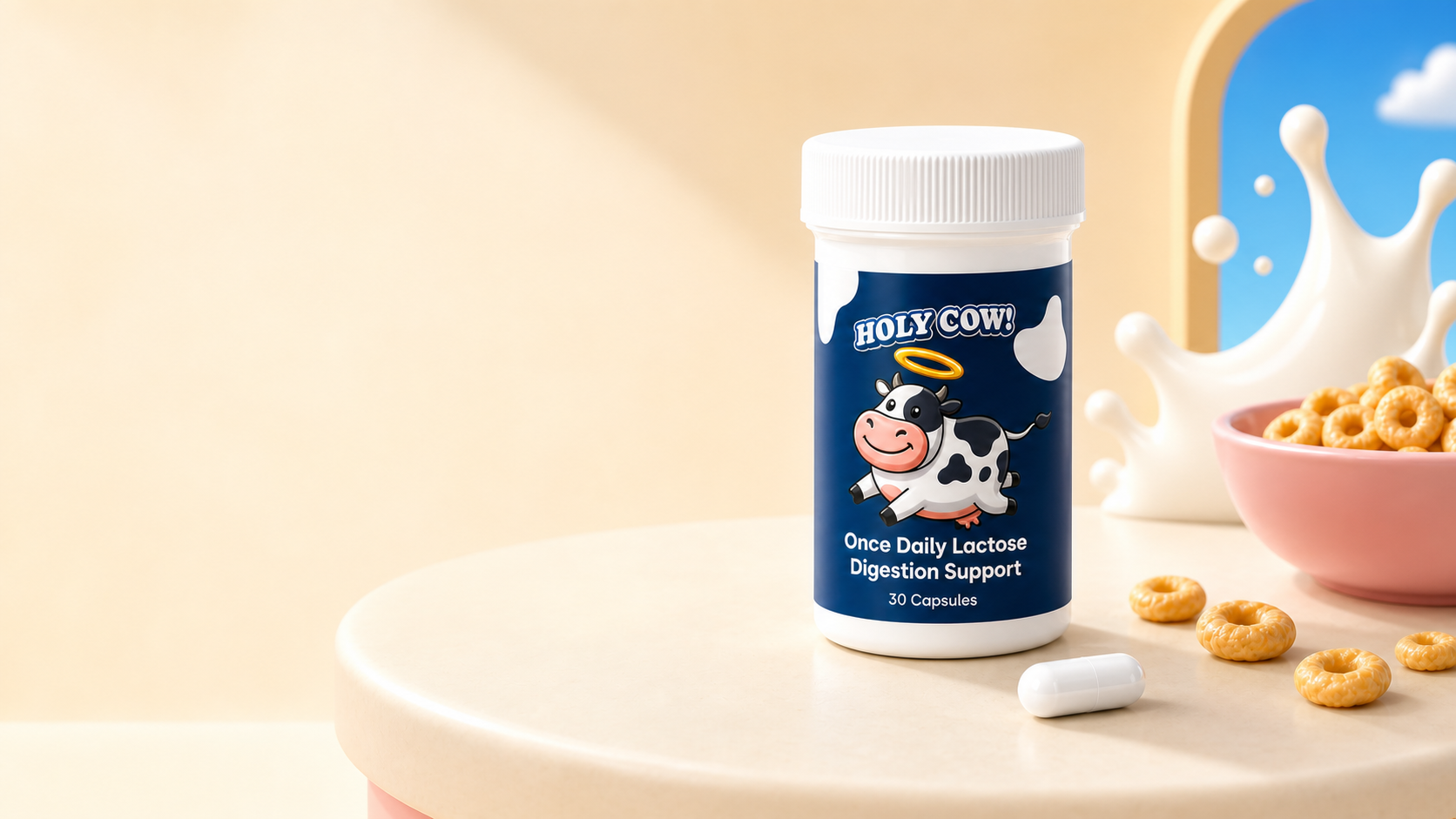 Holy Cow bottle with updated logo and mascot, cereal loops, and one capsule