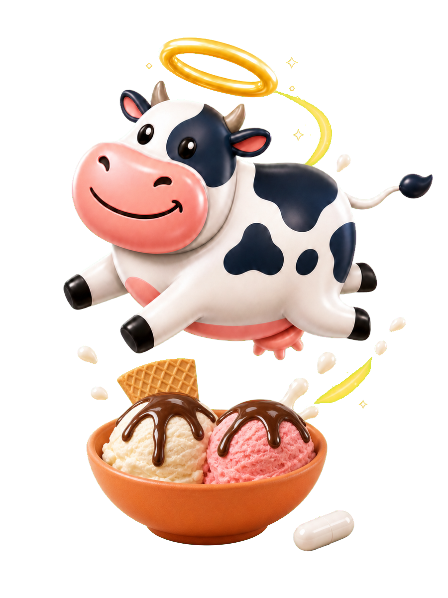 Holy Cow mascot flying above an ice cream sundae with one daily capsule