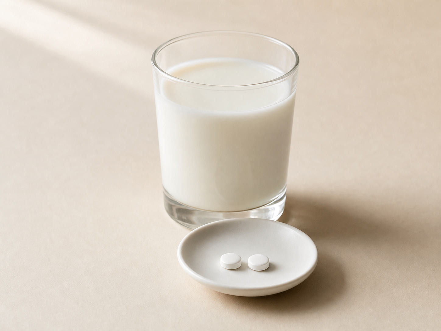 Glass of milk and two lactase tablets