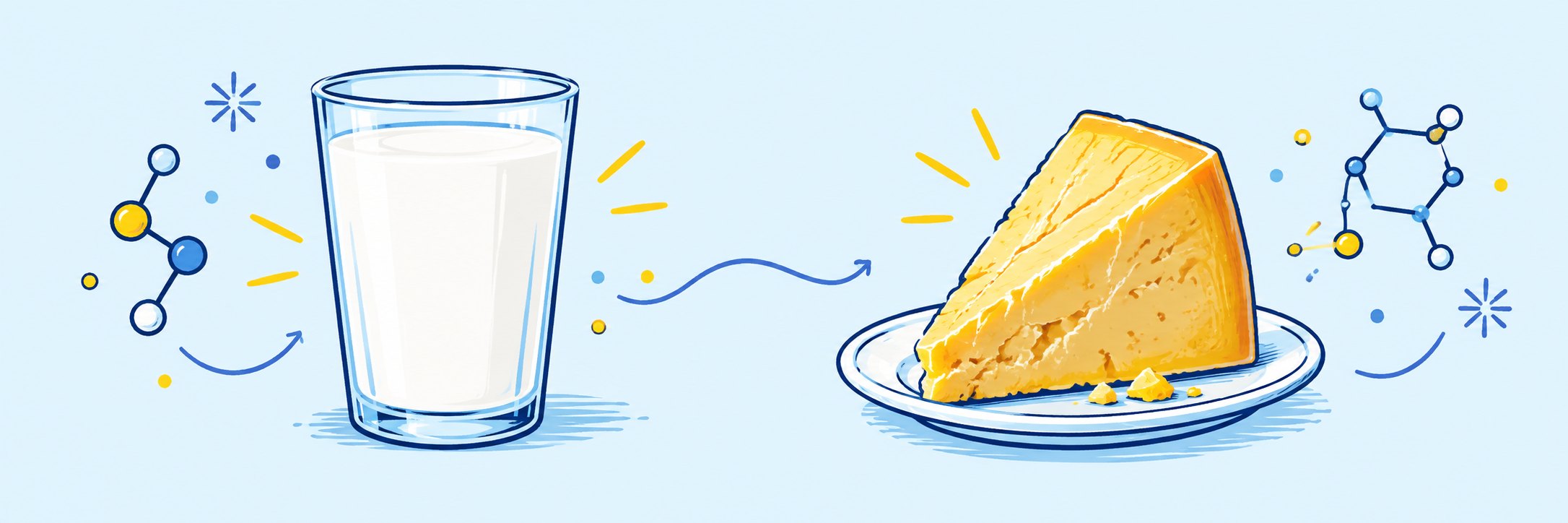 Illustration comparing a glass of milk with a wedge of cheese