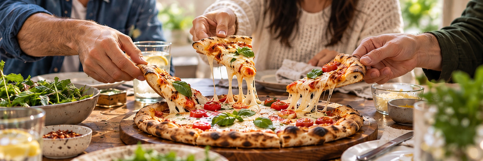 Friends sharing slices of pizza around a dinner table