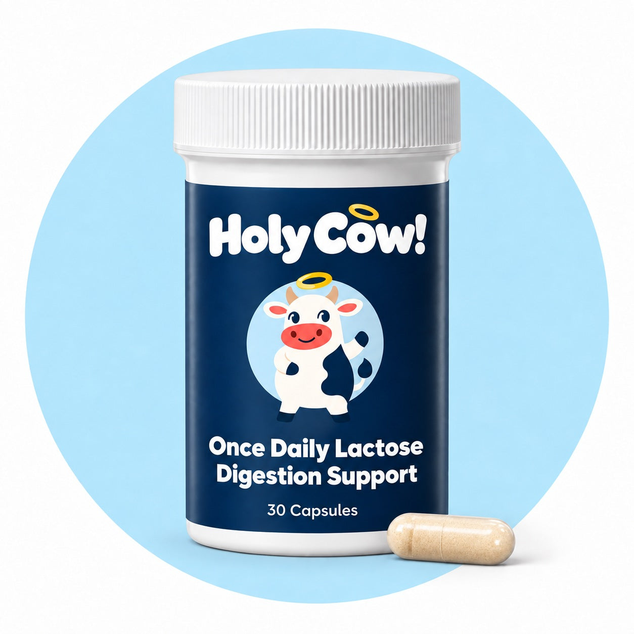Holy Cow bottle with updated logo and mascot beside a beige-filled capsule