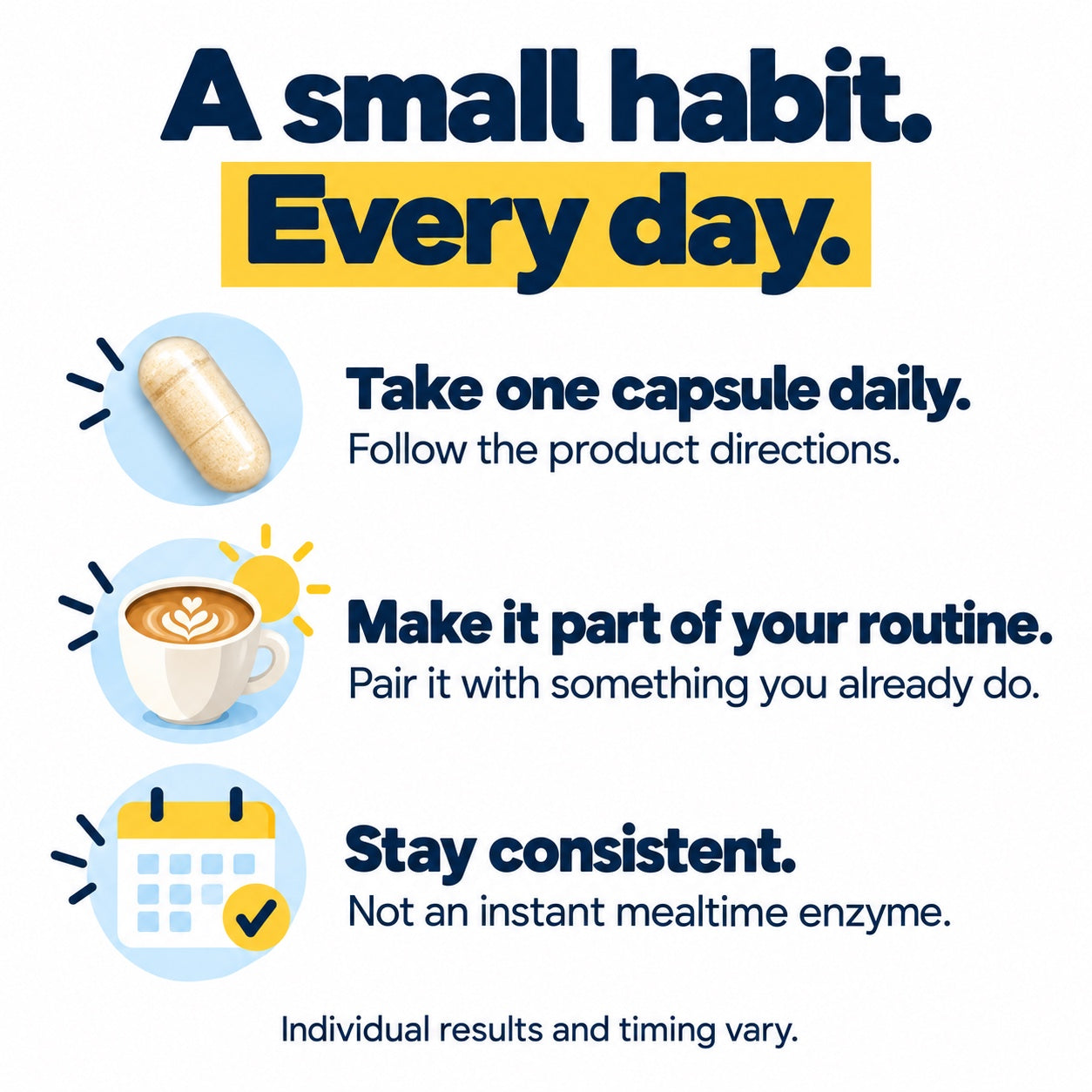 Take one capsule daily, follow product directions, make it part of your routine and stay consistent. Results and timing vary.