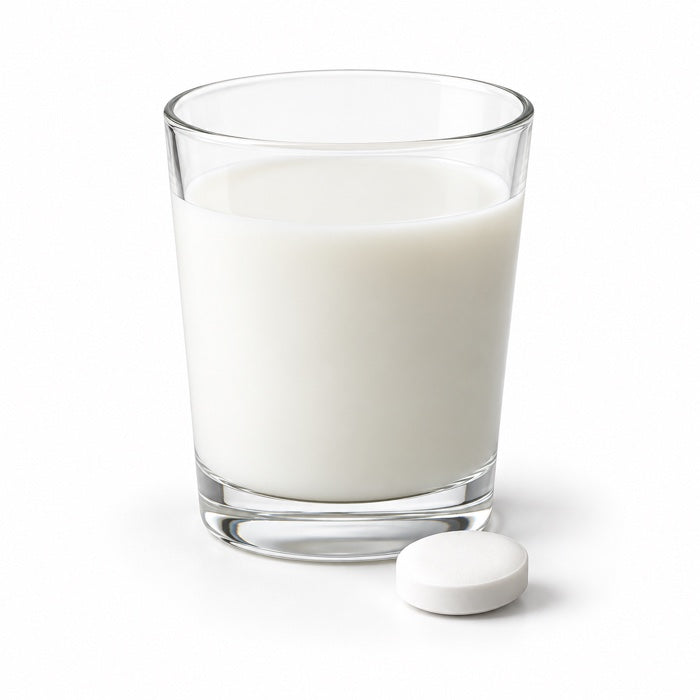 A glass of milk beside a lactase tablet