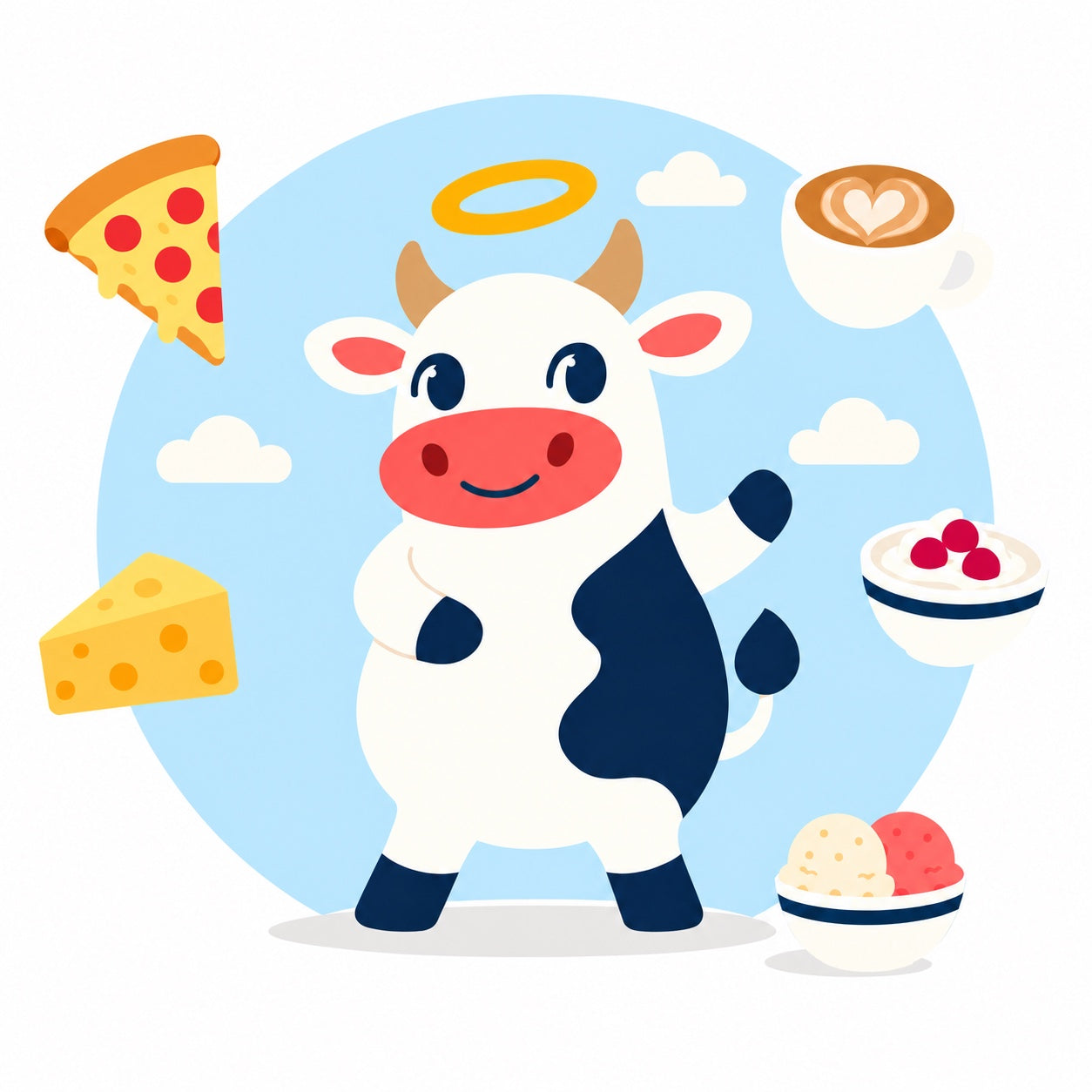 Smiling Holy Cow mascot dreaming of pizza, a latte, cheese, yogurt and ice cream around a pale-blue circle