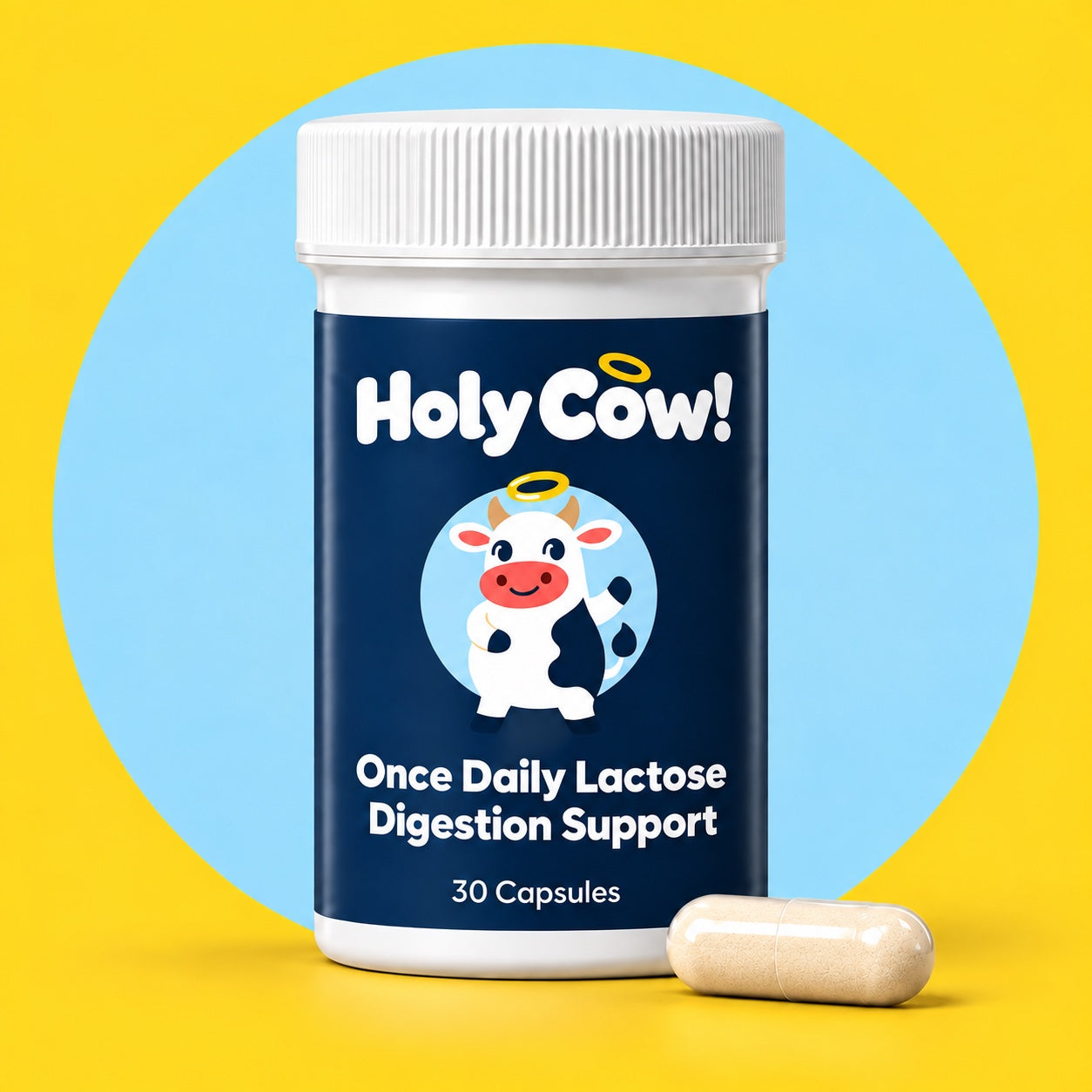 Holy Cow bottle and one capsule against a blue circle on yellow