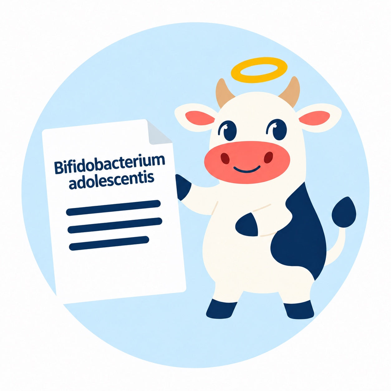Holy Cow’s illustrated mascot presenting a Bifidobacterium adolescentis research paper against a blue circle